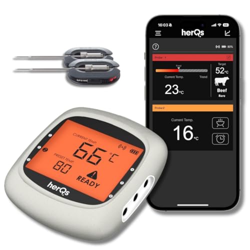 HerQs EasyBBQ Pro - Grillthermometer, Barbecue, digital, Kerntemperatur, Drahtloses Fleischthermometer, Bluetooth, App, kabellos, Thermometer - Für Ofen, Grill, Pfanne, Heißluftfritteuse