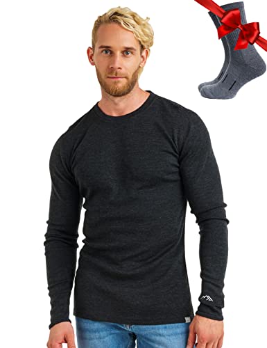 100% Merino Unterwäsche Herren - Merino Langarmshirt Herren Atmungsaktiv Und Feuchtigkeitsableitend + Wollsocken (320 Charcoal Grey, Large)