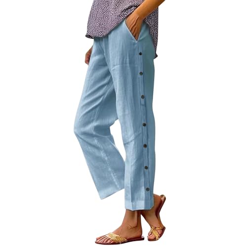 Damenmode, einfarbig, Baumwolle, elastisch, lange Hose, Strand, Freizeit, Apartment, 9 Stück, hellblau, L