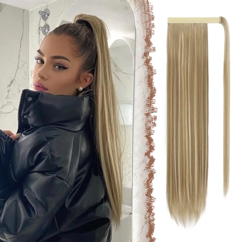 FESHFEN Lang Glattes Pferdeschwanz Haarteil Synthetik Haarverlängerung Zopf Haar Extension für Damen Mädchen, Hellbraun & Blond 60 cm