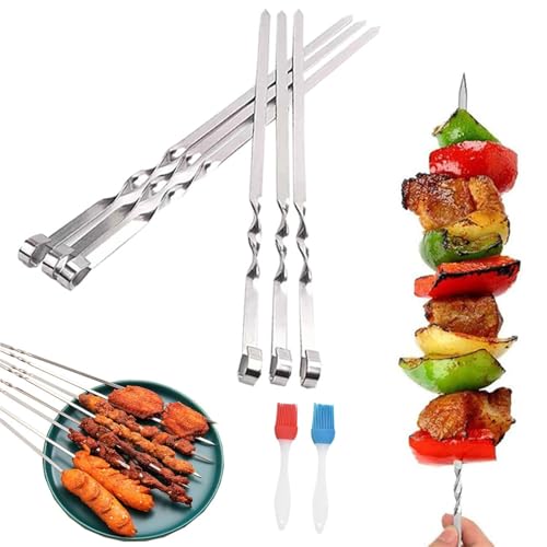 YongSral 20 Stück Schaschlikspieße Edelstahl, 40cm Grillspieße Edelstahl mit 2 Silikonbürste, Kebab Spieße, Schaschlikspieße, Metallspieße Grillen für Grillpartys im Freien und im Garten