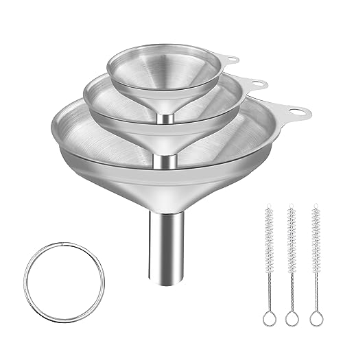 Nutabevr 3 Stück Edelstahl Trichter Set, Stapelbarer Kleiner Trichter Mit Griff, Küche Strainer Trichter mit 3 Reinigungsbürste mit Griff, geeignet zum Umfüllen von Flüssigkeiten und Pulvern