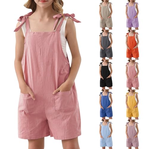 Kurz Jumpsuit Mädchen Spaghettiträger Verstellbar Latzhose Ärmellos Kurze Outfits Kinder Hosenträger Baggy Overall Lässige Hosenträger Einfarbig Baumwolle (Orange, 7-8 Years)