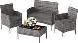 UDPATIO Polyrattan Sitzgruppe Fort 4 Personen Tisch mit 2er Sofa, 2 Stühle & Sitzkissen für Terrasse, Balkon, Garten, Balkonmöbel Rattan Gartenmöbel Set, Grau-meliert & Dunkelgraue Bezüge