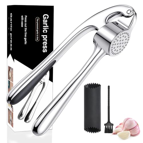 Knoblauchpresse aus Edelstahl, professionelle Küche, Knoblauchzerkleinerer, leicht zu reinigen und langlebig, silberfarben, Silber