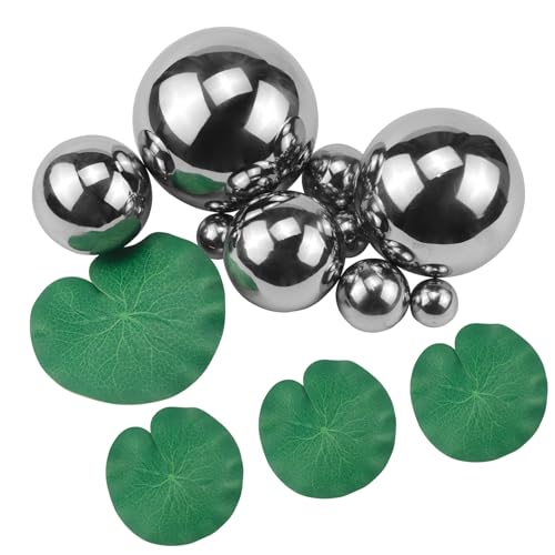 Rierousy Schwimmkugeln für Miniteich Silber Miniteich Deko 2-10cm mit 3 Schwimmend Lotusblätter für Teich Deko Garten Teichdeko Miniteich Teichbecken Deko Kugeln Garten