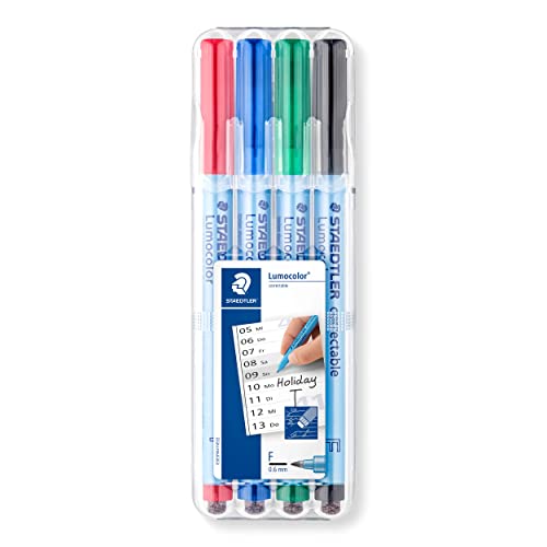 STAEDTLER Folienstift Lumocolor correctable, trocken korrigierbar, F-Spitze Linienbreite ca. 0.6 mm, hohe Qualität Made in Germany, Set mit 4 Farben, 305F WP4-1 , 4 Stück (1er Pack)