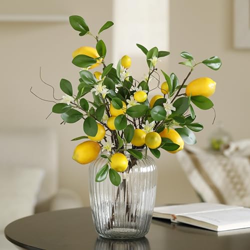 Laelfe Künstliche Zitronenzweig, 8 Köpfe Gelbe Künstliche Zitronen Deko Stiele mit Magnolienblüten und Weidenblättern, Pflanzen Zitronenbaum Künstlich für Zuhause, Küche, Tischdekoration