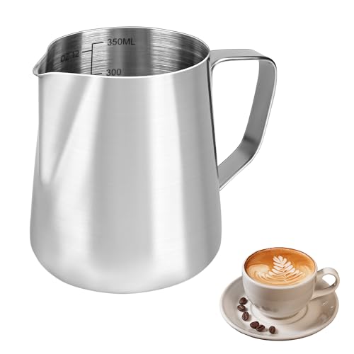 Milchkännchen, Handheld 304 Edelstahl Aufschäumkännchen, Milchkanne mit Messung Mark 12oz 350ml Barista, Milch Pitcher für Cappuccino, Latte Art,Espresso, Perfekt für Kaffeeliebhabe, Silber