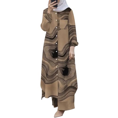 Muslimische Kleider Damen Muslimische 2-teilige Sets für Damen, Langarm-Button-Down-Hemd Hose, Abaya, Freizeitkleid, Dubai-Outfits Ringe Für Damen Abaya Kaftan mit Hijab Retro (240408A-Coffee, S)