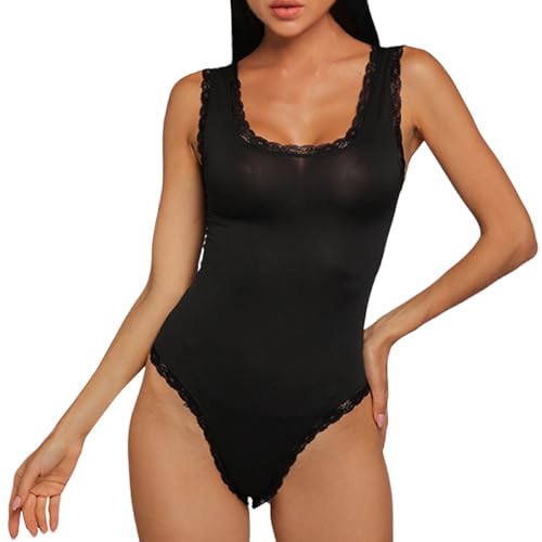 Dessous Damen Sexy Unterwäsche Lingerie Reizwäsche Damen Dessous Sexy Spitzen-Bodysuit mit tiefem V-Ausschnitt Teddy Spitzen-Set Dessous Mollig (Black, One Size)