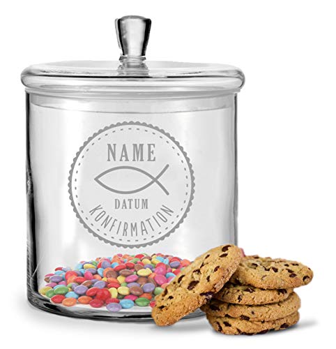 GRAVURZEILE Leonardo Keksglas mit Gravur - Keksdose Bonbonglas mit Deckel - Personalisiert mit Namen & Datum - Geschenk zur Kommunion, Konfirmation & Firmung Farbe Konfirmation