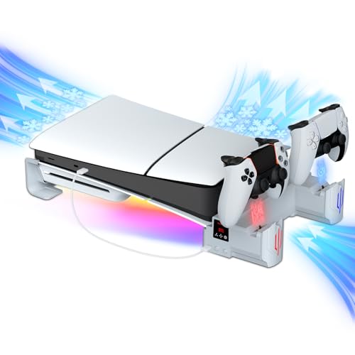 Hosanwell PS5 Slim Horizontal Ständer Kompatibel mit PS5 Slim Disc & Digital, Dual PS5 Controller Ladegerät mit Multi-Mode RGB Licht und 3-stufigen Kühlventilator, Weiß