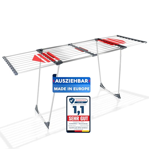 SCHWANFELD® Wäscheständer Ausziehbar [20M Trockenlänge] - Premium Wäschetrockner Ständer - Faltbar XXL - Standtrockner Rutschfest
