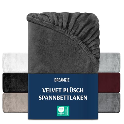 DREAMZIE Premium Frottee Spannbettlaken 140 x 200-160 x 200, Cashmere-Touch Bettlaken Jersey Fleece Spannbetttuch Laken, Dunkelgrau