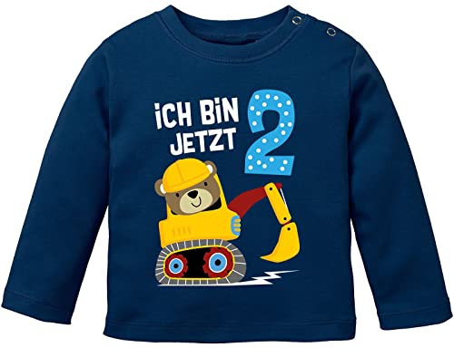 MoonWorks® Baby Langarm-Shirt erster | zweiter Geburtstag Bär Bagger Bauarbeiter Baggerfahrer Geburtstagsshirt Bio-Baumwolle Junge 2 Jahre Navy 92/98 (16-24-Monate)