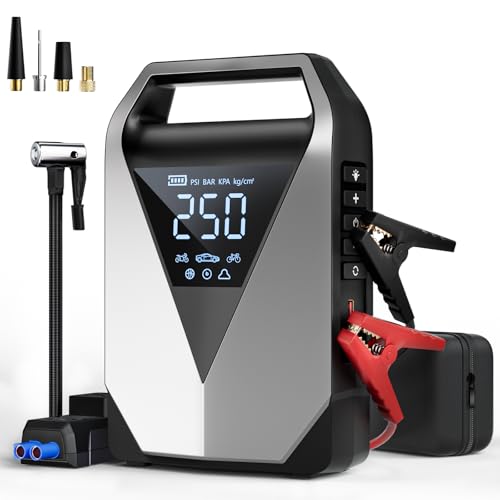 Wyxron Starthilfe Powerbank mit Kompressor, 6in1 Auto Booster Starthilfe 150PSI 3000A für 12V Jump Starter, Autostarter mit LCD Bildschirm/QC3.0 Aufladen/LED(All Benzin/8L Diesel)