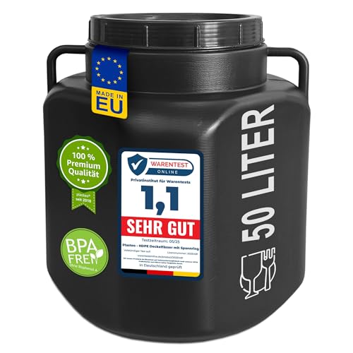 plasteo® 50 Liter Weithalsfass mit Deckel und Griffen Eckig Schwarz, Lebensmittelecht und BPA-Frei, Futtertonne Kunststofffass Universalfass Deckelfass Wasserfass Regentonne Lagerfass