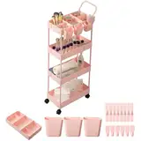 danpinera Rollwagen schmal, Servierwagen mit 3 Etagen, Rollwagen küche mit Trennwänden & Haken & hängenden Bechern, Bastelwagen, Nischenwagen für Küche Make-up Badezimmer Büro, Rosa