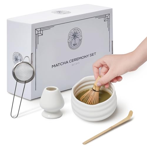 Regal Trunk Matcha Tee-Set - Keramik-Teeschale in traditioneller Größe, Schneebesenhalter und Sieb - Komplettset für die japanische Teezeremonie Matcha - 5-teiliges Matcha-Komplettset