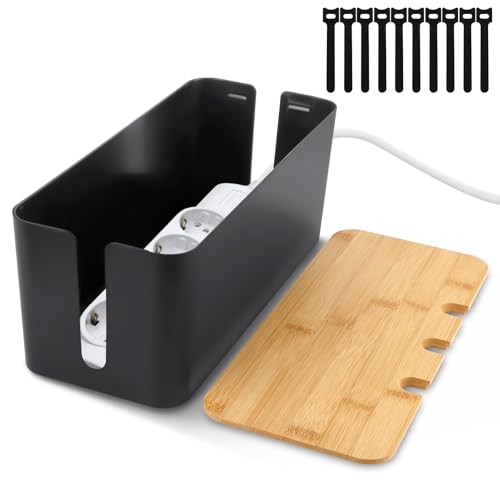 QOUBNIC Kabelmanagementbox, Kabelmanagement Box Aufbewahrungsbox für Kabel mit Bambusdeckel, Kabelaufbewahrungsbox zum Verstecken von Kabeln Organisieren von Computerverkabelung (Nero)