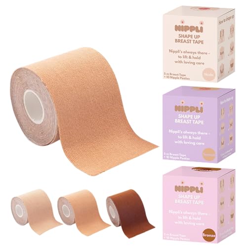 Nippli Shape Up Breast Tape Tanned – Boob Tape extra Breit & Feuchtigkeitsbeständig – Nipple Cover 7,5cm x 5m, inkl. 10 Nipple Pads – Brust Tape für den perfekten Halt ohne BH