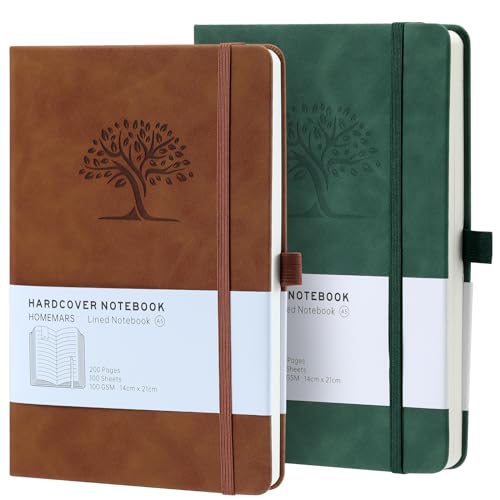 Notizbuch, Notebook, Notizbuch a5, Journal buch, Reisetagebuch, Notizbuch Liniert a5, Notizblock, Notizbücher a5, 100gsm, 200Pages, 2 Stück, Reisetagebuch, Notizbuch Leder, Prägebaum Design,Braun Grün