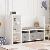 [en.casa] Kindersitzbank mit Regal Høylandet Sitzbank mit Stauraum Kinderregal mit 3 Aufbewahrungsboxen Kinderzimmer 76 x 112 x 40 cm Schuhbank mit Sitzfläche Weiß/Grau