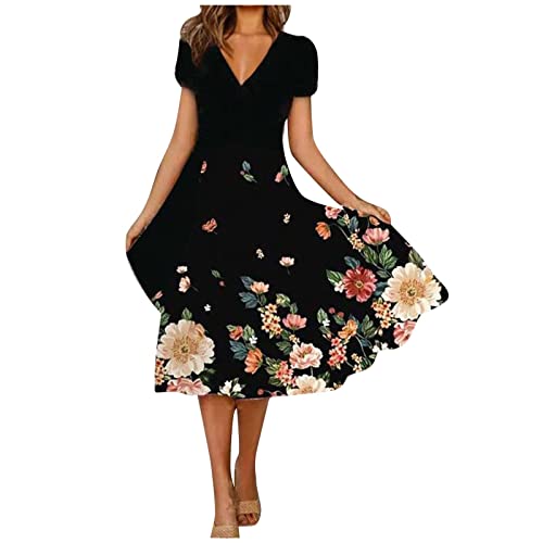 Sommerkleid Damen Lang Abendkleid V-Ausschnitt A-Linie Kleider Festliche Ballkleider Vintage Rockabilly Cocktailkleid Kurzarm Swing Freizeitkleid Große Größen Strandkleid Chiffon Partykleid