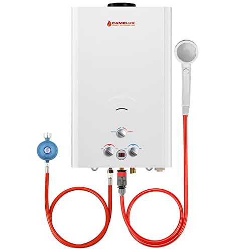 Camplux BW422-DE 16 Liter Gasdurchlauferhitzer im Freien, 50mbar Tankless Gasdusche mit Gasregler, Propangas/Butangas, für Campingdusche/Wohnmobilausflug/Waschpferd