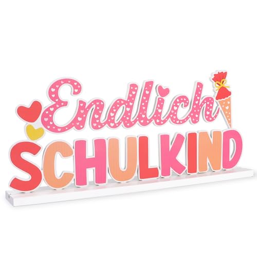 BETESSIN Tischdeko Einschulung Mädchen Rosa - Endlich Schulkind Holzschriftzug mit Basis - Tischdekoration zum Schulanfang - Schuleinführung Deko für Mädchen und Jungen