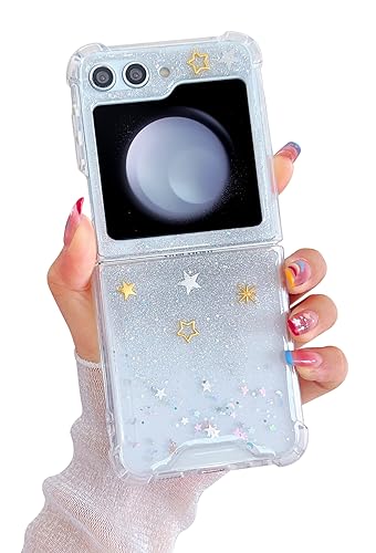 MUNDULEA Kompatibel Samsung Galaxy Flip 5 Clear Case Star Women Girls Soft TPU Sparkle Glitter Anti-Scratch Shockproof Protective Phone Cover for Samsung Galaxy Z Flip 5 (Gold Sliver)