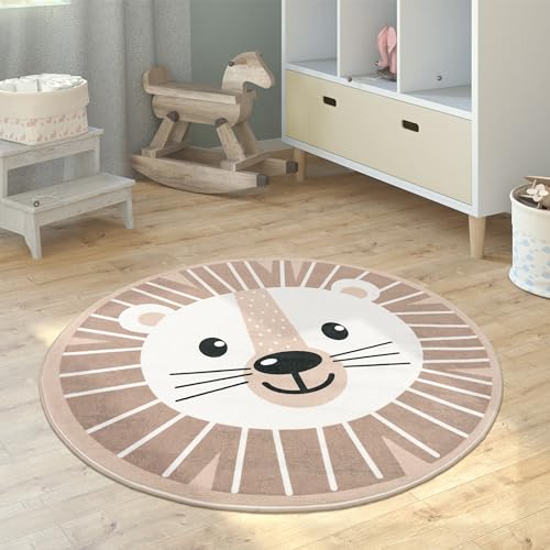 Paco Home Kinderteppich Teppich Kinderzimmer Rund Spielmatte Babymatte rutschfest Modern Mond Koala Löwenkopf, Grösse:150 cm Rund, Farbe:Beige