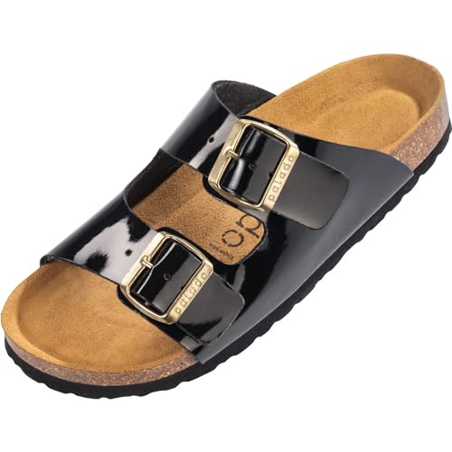 Palado Damen Pantoletten Korfu - Modische Sandalen mit 2 verstellbaren Riemen - Herren Hausschuhe mit Sohle aus feinstem Veloursleder und Natur Kork-Fussbett Lack Black Gold schn 36 EU