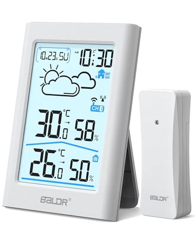 BALDR Wetterstation Funk mit Außensensor, Digital DCF-Funkuhr Thermometer Innen/Außen Temperaturanzeige ,Raumthermometer,Hygrometer, Wettervorhersage, Uhrzeitanzeige, Wecker,3.7 Zoll Display,Creme