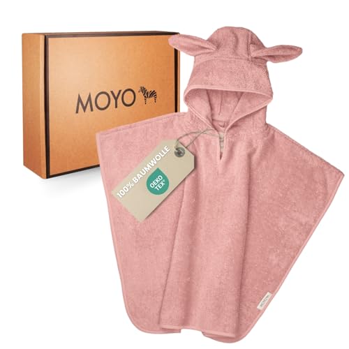 MOYO Baby Badeponcho mit Hasenohren in Rosé I Poncho Kinder Badetuch für 0-3 Jahre I Weicher Baby Poncho aus 100% Frottee-Baumwolle I Waschbares Baby Kapuzenhandtuch I Poncho Handtuch in 68x56cm