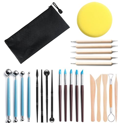 SRTSTR 25 Stück Modellierwerkzeugset Ton Werkzeug Set Silikonpinsel Modelier Polymer Clay Tools Doppelkopf Dotting Tool mit Aufbewahrungstasche Töpferwerkzeug für Fondant Keramik Skulptur Malerei