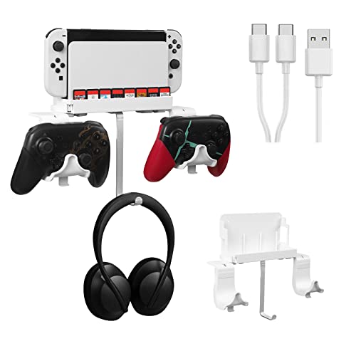 Hosanwell Switch Wandhalterung, Halterung Wand für Nintendo Switch/OLED Konsole Dock mit Kopfhörerhalter Dual-Controller Halterung mit Rutschfester Matte, Weiß