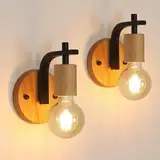 DELIPOP Wandleuchte Innen Vintage 2 Stück, Wandlampe Holz und Metall, E27 Wandbeleuchtung Schwarz, Industrial Retro Wandlampen für Flur, Wohnzimmer, Schlafzimmer, Küche (Ohne Leuchtmittel)