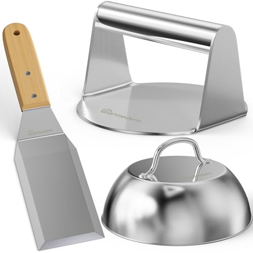 Warmodern Burgerpresse Set 3-TLG aus Edelstahl inkl.5,5 Zoll Round Smash Burger Press, Burgerglocke, Wender, Professionelles Edelstahl Burgerpresse Grillzubehör für Leckere Hamburger, Pattie