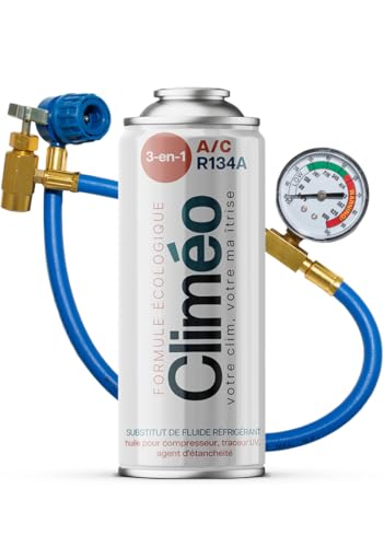 Climéo 3-in-1 400 ml mit Schlauch und Manometer – umweltfreundlicher Ersatz für R134a/R12 Kältemittel & Dichtmittel | Selbstständiger Klimaanlagenservice