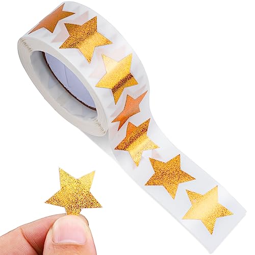 Prasacco 500 Stück Gold Sterne Aufkleber, Glitter Stern-Aufkleber Belohnung Sticker für Kinder 2,5 cm Selbstklebend Dekorative Stern Aufkleber für Scrapbooking, Grußkarten, Geschenke, Basteln(1 Rolle)