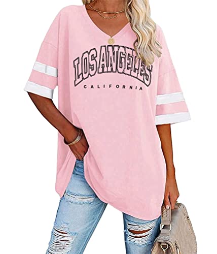 Tomwell Damen Los Angeles Brief T-Shirt mit V-Ausschnitt Kurzarm Sport Sommer Rundhals Oversized Oberteile Drucken Sweatshirt Lose Bluse Tunika Lang für Teen Girls Top B Rosa L