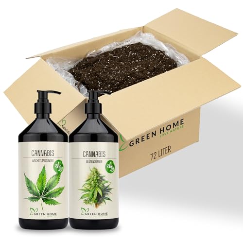 Green Home Cannabis Erde 72L + Cannabis Dünger Wachstum/Blüte Set | Cannabis Anbau Set | Für Cannabis, Hanf, Tomaten und Kräuter | Optimale Blüten- & Anzuchterde + Düngerset für In- & Outdoor