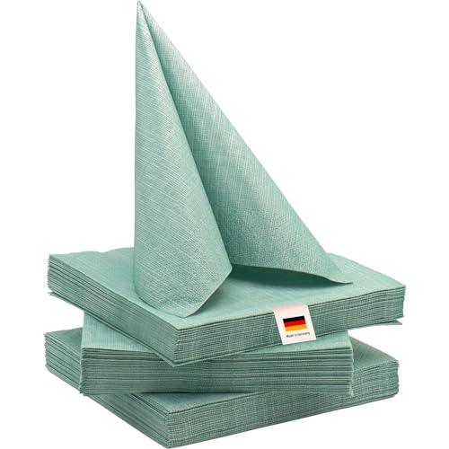 100% Mosel Servietten, 60 Stück (33 x 33 cm), in Eukalyptus Grün, edle Tischdeko für Hochzeit, Kommunion, Konfirmation, Taufe & Geburtstag