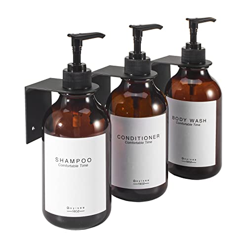 GOYISEE Shampoo- und Conditionerspender für Duschwände, 3 Kammern, nachfüllbare Flaschen mit Wasserdichten Etiketten, Seifenspender mit Pumpen (3 Bottles 3 Wall Mounts-Brown)