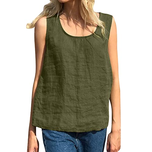 CGGMVCG Damen-Tanktop in Übergröße, locker, lässig, Baumwolle, Leinen, einfarbig, U-Ausschnitt, ärmellose Blusen für Damen, Grün, XXL