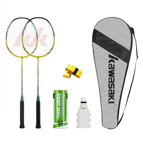 Kawasaki Badminton schläger Federball Set Badminton Racket badmintonschläger Profi mit 3 Badminton bälle 1 Schlägertasche 2 federballschläger für Training, Sport Gelb/Grün