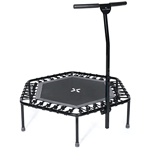 + SportPlus Fitness Trampolin für zuhause, mit Haltestange (5-Fach höhenverstellbar), weiche Gummiseilfederung, sehr leise & bis 130 kg belastbar