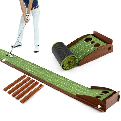 COSTWAY Golf Puttingmatte, Golfmatte mit 1/2/3 Löchern, Auto Rückkehr Übungsmatte mit 3 Golfbällen & Kunstrasen, Putting Trainer Indoor Outdoor für Anfänger, Profis (3 Löcher)